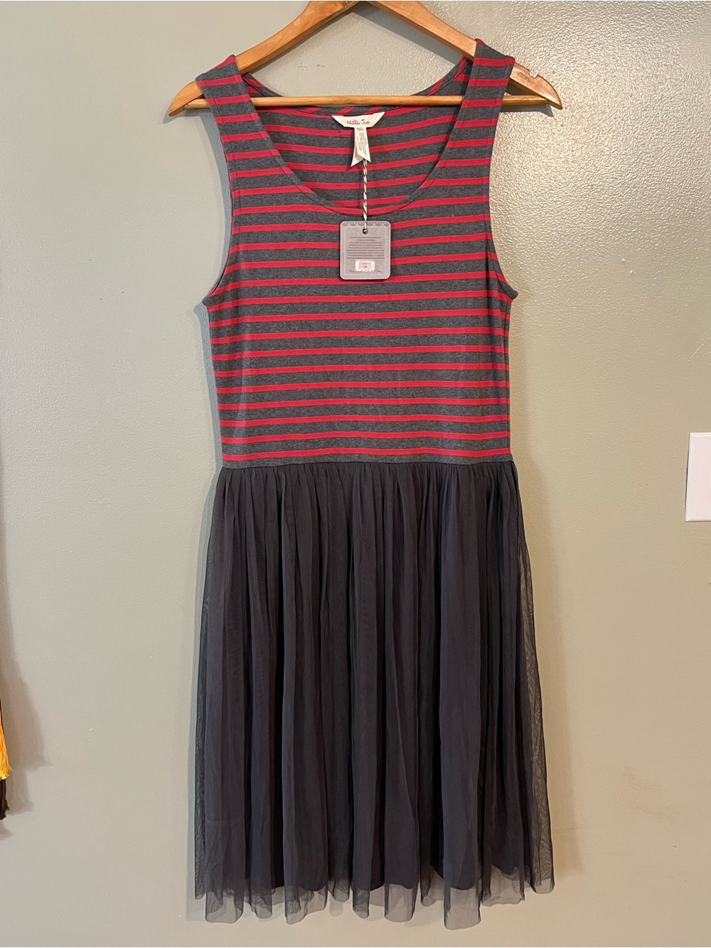 Matilda Jane Youth Girls Red Gray Stripe Tank Dress with Black Tulle Skirt M NWT
